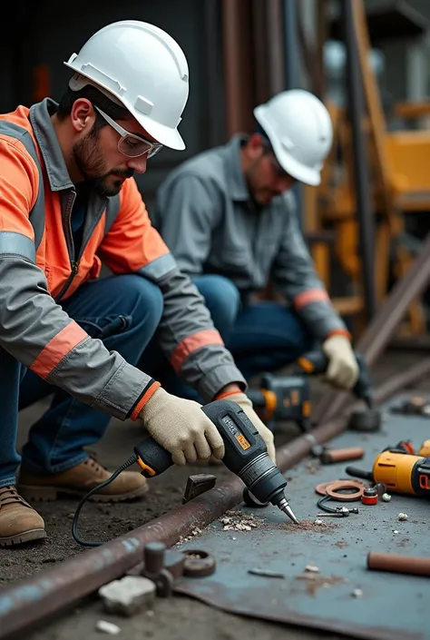 A construction technician works using a portable electric mini hand drill., and drilling the iron plate wall and another technician was working beside him 