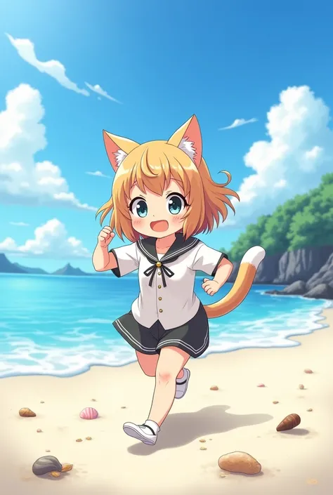 An anime cat girl playing in beach