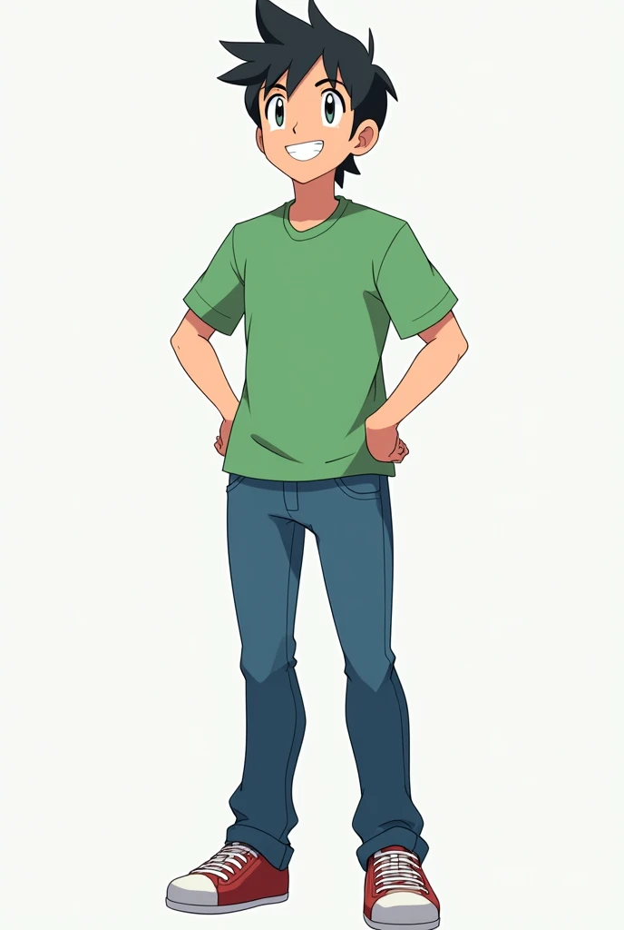 30 year old man, straight black hair, white skin, wearing a green t-shirt, blue jeans, full body, with his feet visible, Pokemon style, looking up with a smile 