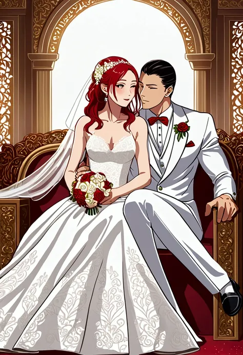 marriage, tall thin woman red hair, muscular man short white hair, wedding dress, white suit, wedding day, carrying the bride on...