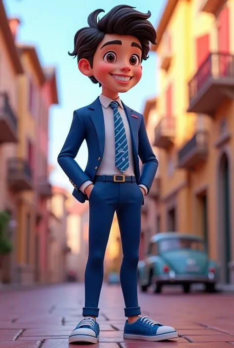 Disney male avatar 3d animation.with brown eyes, black curly hair,blue suit,blue pants, striped tie , and blue sneakers.cheerful expression 