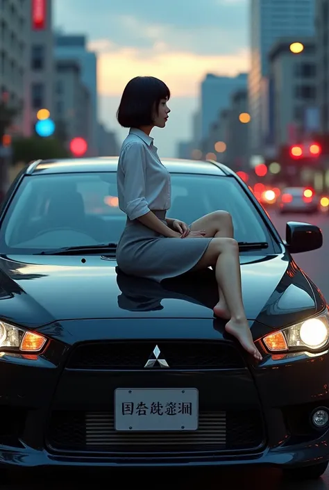 Mitsubishi lancer black with a beautiful chinese girl wearing white shirts, Gray skirt,  sitting on the bonnet, bob hair,with jakarta background in daynight, in realistic style picture