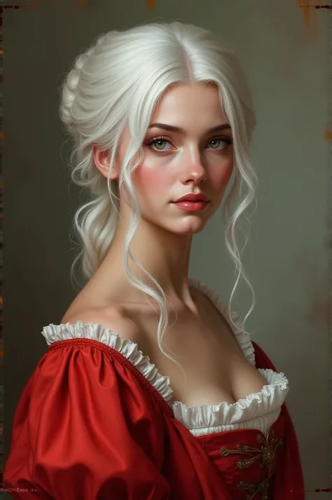 Create a 19th century realistic style image: brunette woman with white dyed hair in red dress she was beautiful