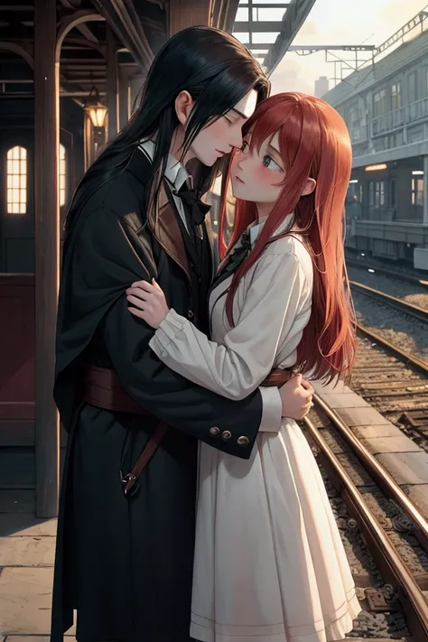 A small and somewhat gloomy train station, with a melancholic and nostalgic atmosphere. In the foreground, Lily Evans, a young witch with red hair and fair skin, is wrapped in a tender and emotional embrace with Severus Snape, a young wizard with long blac...