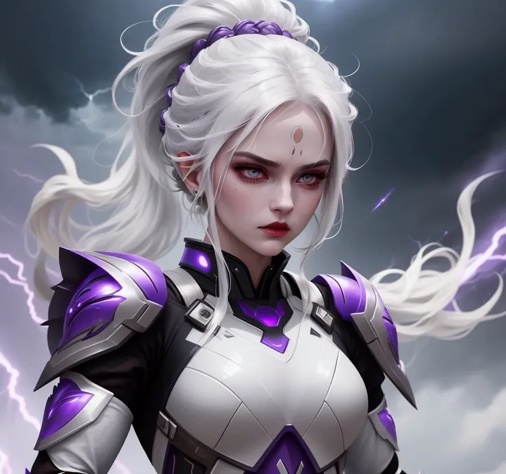 Design an image of a powerful female warrior with white hair tied up in a sleek, high ponytail. Her skin is a rich brown tone, and her eyes are completely white, glowing with an eerie intensity. She wears a futuristic purple battle suit with intricate desi...