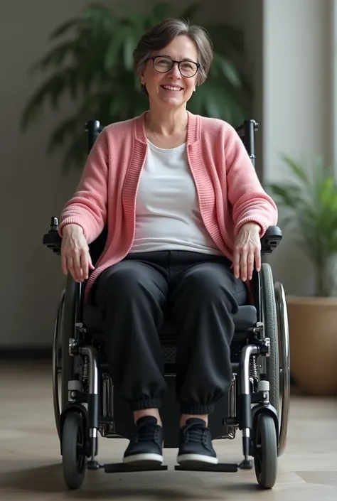 Pixar animation woman with very short dark brown hair with gray strands, light brown eyes, PINK LIPSTICK, with black glasses, Pink wool cardigan 
, black sweatpants and black sneakers, 
sitting in the motorized wheelchair.
full body photo.