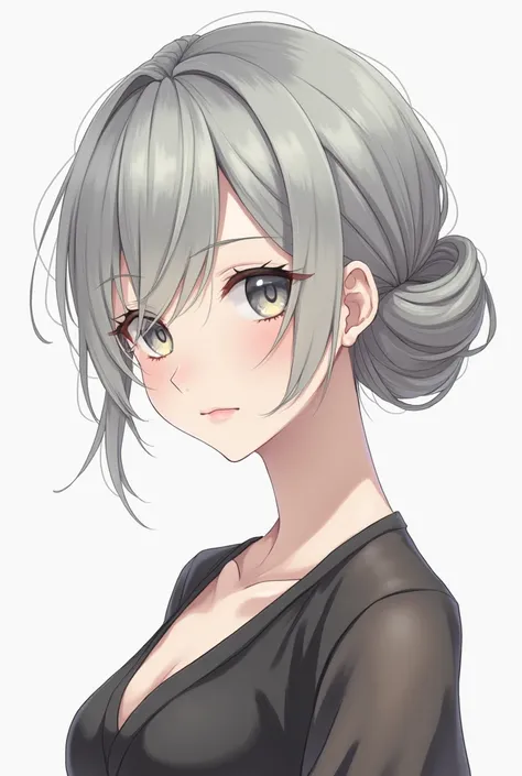 Gray haired and eyed anime style woman seen from the front