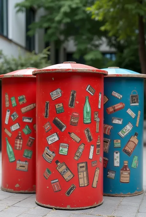 Three recycled red cardboard trash cans with drawings of hazardous waste, as hospital remains, batteries and insecticides., verde con dibujos de Botellas y botes de glass ,glass ,and blue with drawings of paper and cardboard boxes: food packaging, footwear...