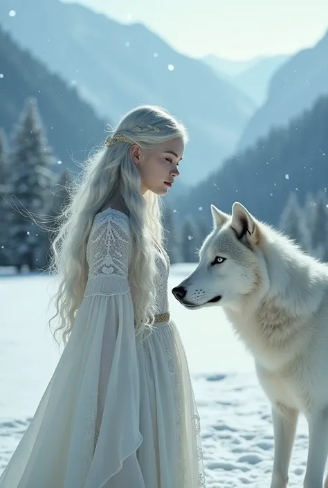 Take a picture of a woman and a white wolf on a snowy morning