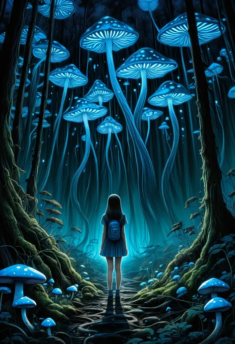 [this is from Junji], dark terrible landscape, [Detailed shadows], [veins], (Bioluminescent mushroom forest), 1 girl, Giant cosmic eyes, Tears are flowing, spiral mushroom, HDR