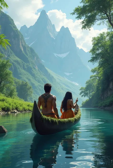 Believe me, two indigenous people, a beautiful woman and another man, going to a valley with mountains in a canoe on a river.