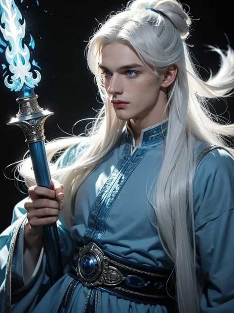 young man, very handsome, long white hair, blue eyes, wearing a blue tunic, blue fire flames, blue fire in the background of the image , blue fire, fox eyes, fuller face, with defined jawline, 8k, super detail, top quality, long white hair, no shirt , a go...