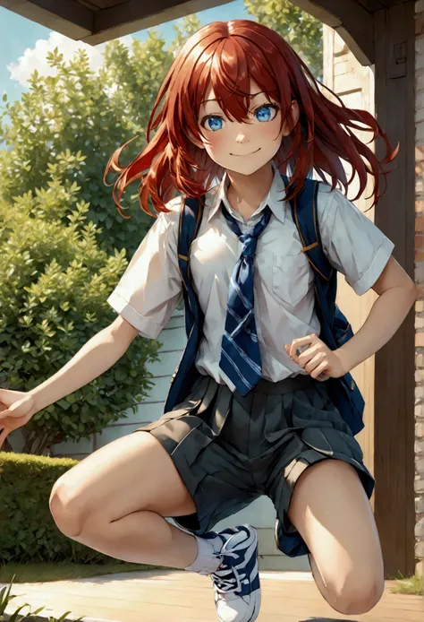 tomboy dancing girl, School uniform, shorts and sneakers, tomboy red hair blue eyes, mocking smile.