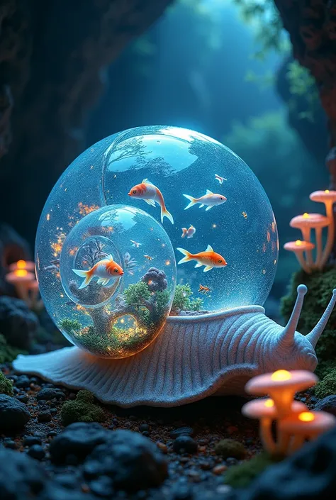 Imagine an aquatic ecosystems inside a snail with a transparent clear delicate shell of magical phenomenon sliding in a cavern full of glowing mushrooms, glass clear bioluminescent, beautiful coral reefs, growing inside the shell with goldfishes and koi fi...