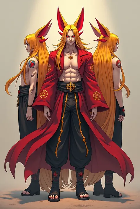 I want you to create a Naruto image, where it is 3 meters high, have waist-length hair, golden in color and red at the tips, with red fox ears and piercings like the god of destruction bills, In addition to having 10 tails, and his body is the same as Brol...