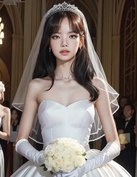 lisa blackpink, wearing a white satin ballgown wedding dress, opera gloves, veil, tiara, bow belt, holding bouquet, walking down...