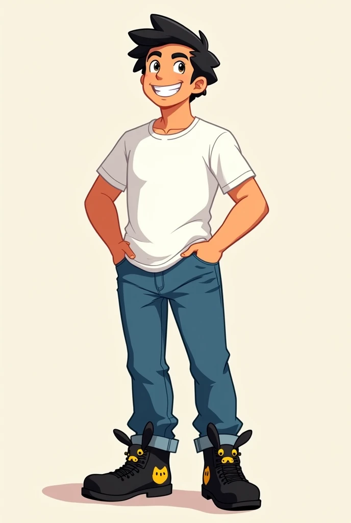 30 year old man with white skin wearing a white t-shirt and blue jeans, full body with his feet visible in black Pokemon style boots looking up with a smile, style illustrations by Ricardo Lira 