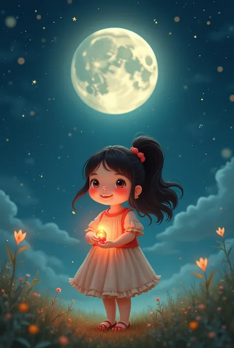 One chubby  girl with a ruby stone under tha sky with full moon and stars