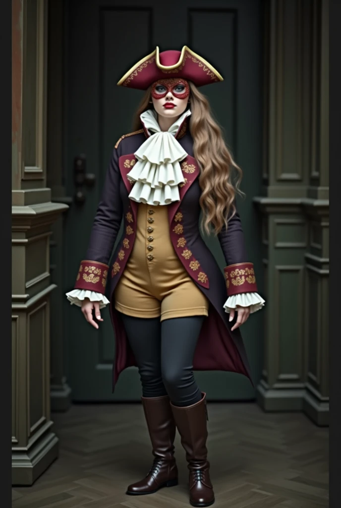 Misterious sexy  young women dressed in 18century men suit baroque costume, floral ornaments frock coat, big ru ffled jabt cravat, cuffs, tricotn hat, musketeer boots, masquerade mask