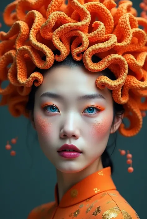 The Korean woman’s face takes center stage in the composition, with pale skin and delicate features. Most striking is the elaborate headdress or “hair” composed of curvilinear, organic shapes in deep orange hues. These shapes intertwine and extend, creatin...