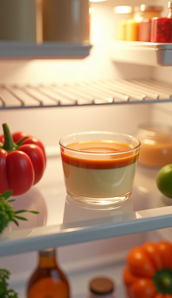 Aqui está o prompt utilizado:

"A detailed image of a pudding inside a refrigerator. The pudding is placed on the middle shelf in a glass dish, with a golden-brown caramel layer on top. The refrigerator is clean and modern, with various other food items ne...