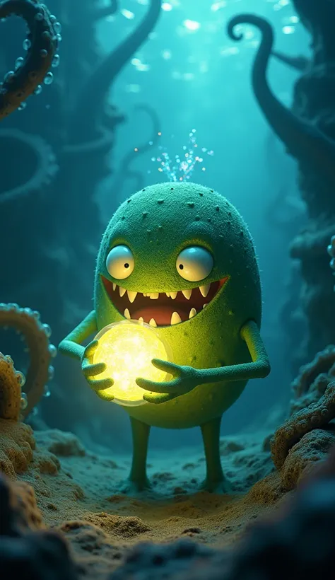 a plankton holding a glowing secret formula in its hands, with a determined expression, while projecting holograms of Spongebob being manipulated by scientists, octopus tentacles, bioluminescent ocean, cinematic lighting, epic, highly detailed, 8k, photore...