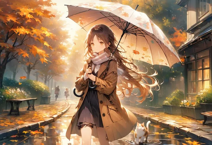 ((best quality))、((excellent))、(detailed)、8k、scene: a woman walking with a cat in the rain with an umbrella

「calm autumn evenin...