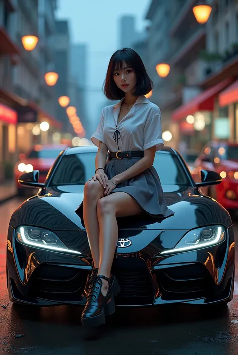 Toyota supra black with a beautiful chinese girl wearing white shirts, Gray skirt,  like a high school uniform,natural big breast,anatomy perpect,front view,sitting on the bonnet, bob hair,with jakarta background in daynight, in realistic style picture