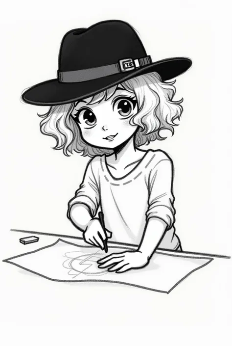 girl with short curly hair, with black hat, drawing made in pencil and animated. 