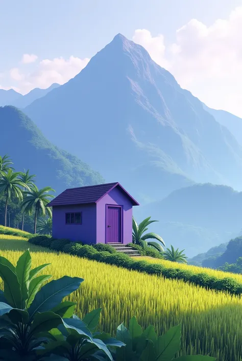 make me a small, minimalist purple house on the edge of rice fields planted with tobacco and a beautiful 3D mountain view