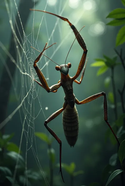 A praying mantis in a giant web