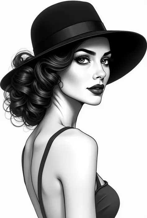 lady with curly hair, with black hat, black and white drawing. 

