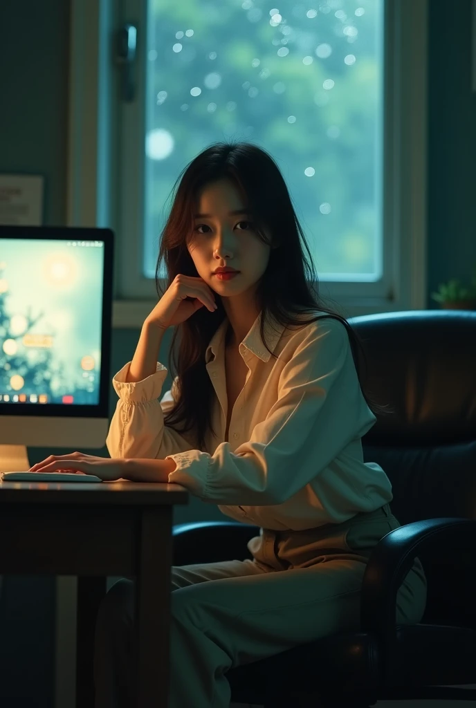 Movie Posters, Lighting Style in Wong Kar-wai Films, Attractive sad oriental beauty wearing vintage blouse and vintage khaki pants, She has long, messy hair, She is facing forward, Dimly lit office,Sitting in a chair, Behind me is a window with raindrops, ...