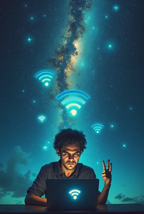 A vast, beautiful image of the universe, filled with stars and galaxies. Below that, a frustrated person staring at their phone or computer screen, surrounded by Wi-Fi symbols, looking annoyed.