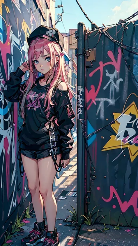 One Girl In A Back Alley、(Super Detail)、(8K)、((Hip Hop Fashion))、(graffiti wall)、(full body Esbian)、(hyperdetailed face)、(Detailed feet)、(Detailed hand)、(Cool Face)、(Standing)