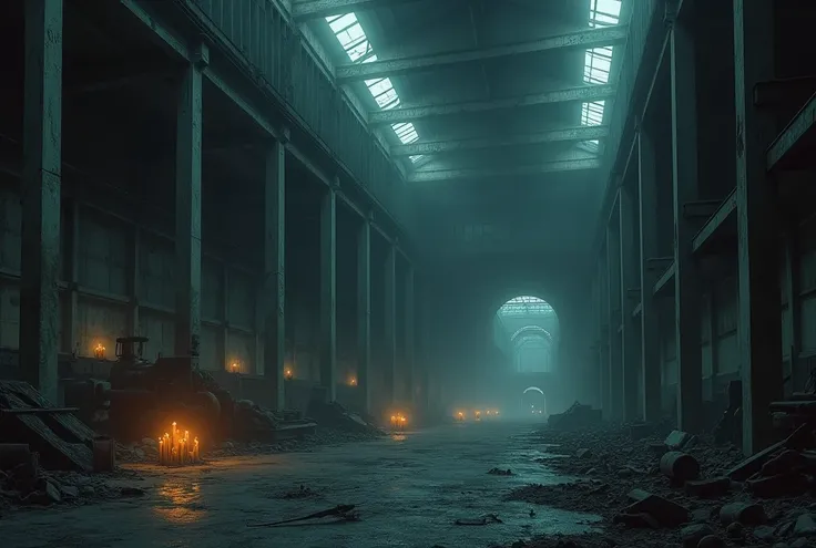 Huge, scary, abandoned warehouse with some trash and only lit by a couple of candles 