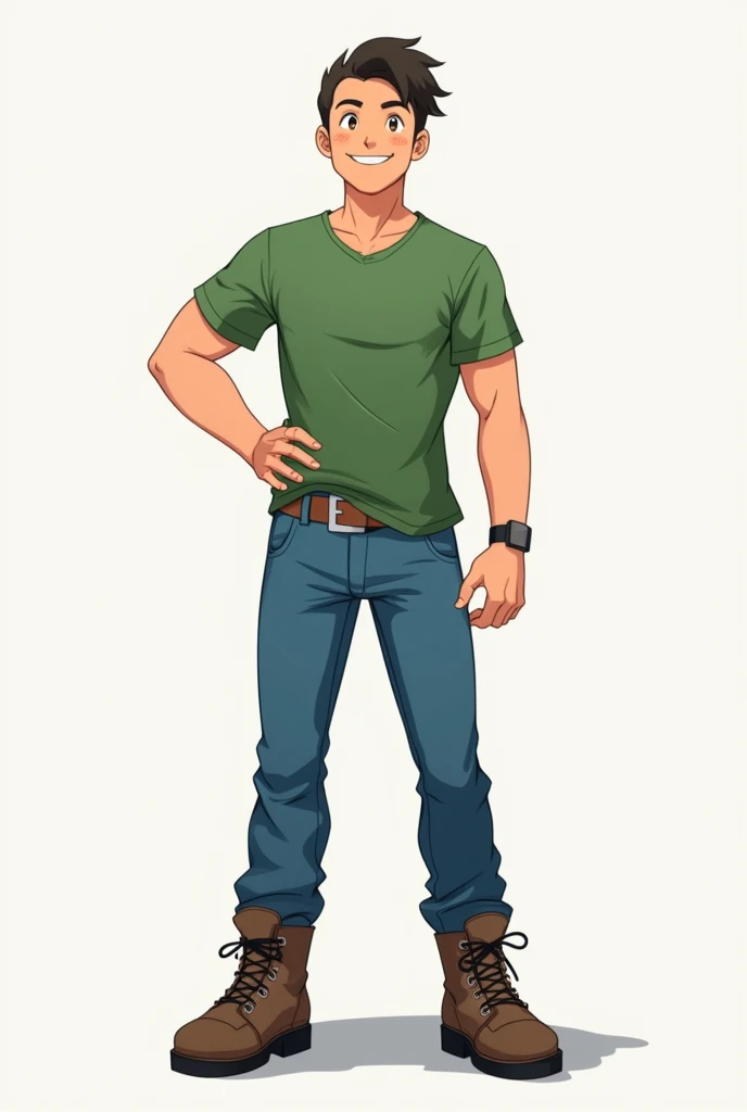 30 year old man, white skin, wearing a green t-shirt, blue jeans, full body, with his feet visible, military boots, looking towards him with a Pokémon trainer style smile 