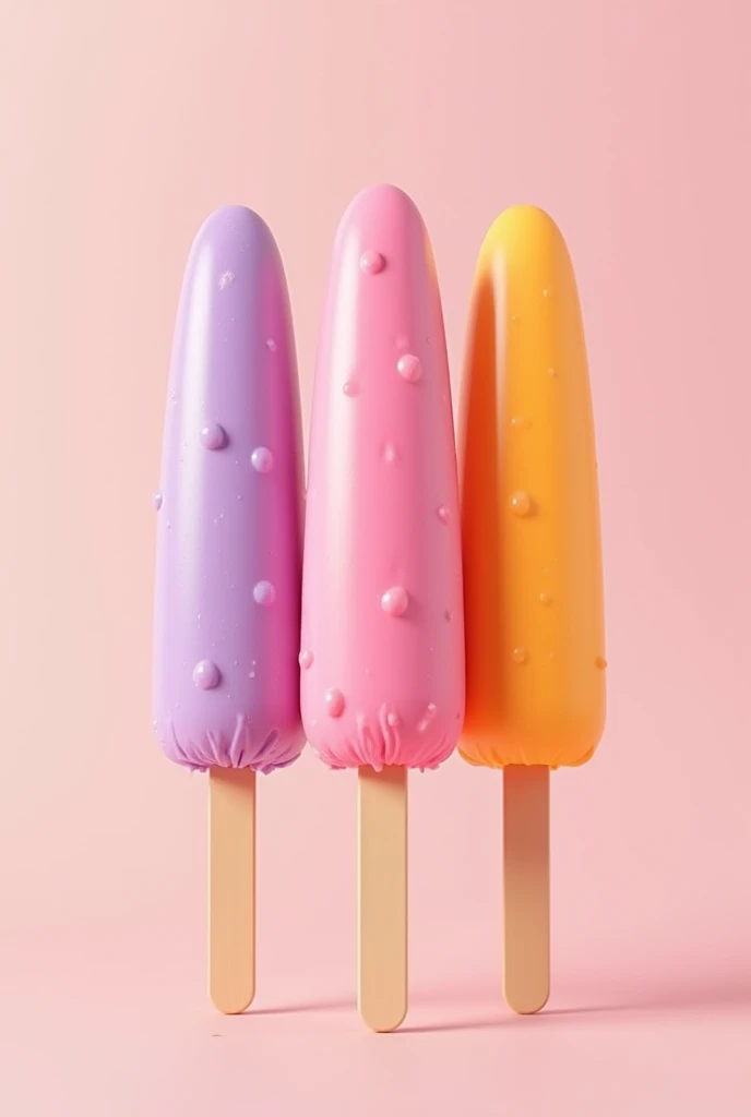 3 ELONGATED CYLINDRICAL SHAPED FRUIT ICE CREAMS IN LILAC, PINK AND ORANGE COLORS
