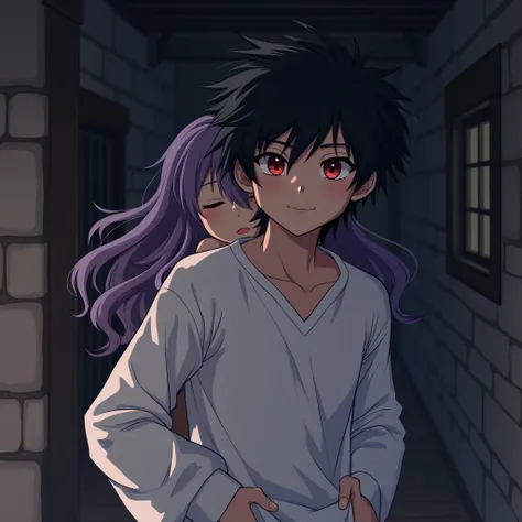 -A boy carries a sleeping girl on his back. -The boy is , expressionless face, red eyes, black hair, He is handsome, She is wearing all-white pajamas. -The girl is , Long purple hair, She&#39;s pretty, She is asleep, She is wearing all-white pajamas. -The ...