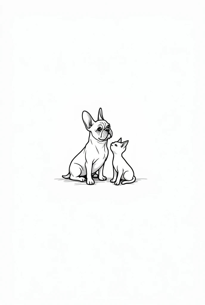 I want a drawing of a French bulldog and a cat in black and white, just lines. 