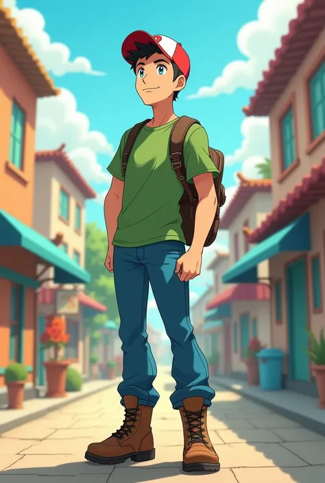 30 year old man, white skin, wearing a green t-shirt, blue jeans, full body, with his feet in military boots, looking up with a smile, Pokémon cartoon trainer style 