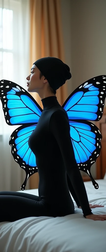  A beautiful,thin and pretty asian chinese woman girl wears shinest black butterfly lycra dancewear long sleeved turtleneck unitard catsuit with large fake blue butterfly wings.She performs around the home!She wears shinest black dancewear lycra elastane l...