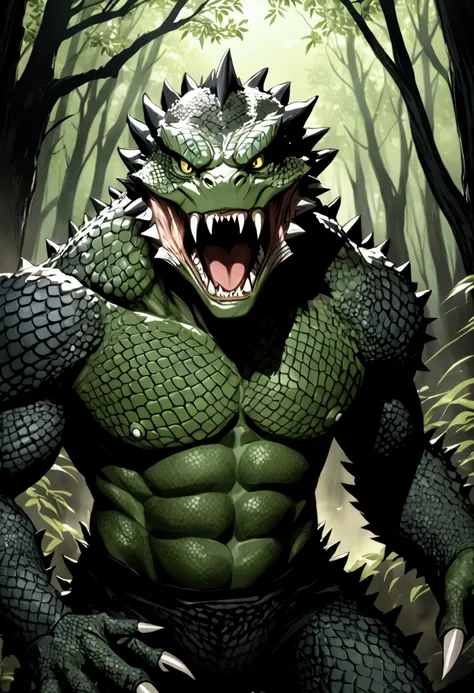 Lizard man muscular warrior black hair green scale skin, sharp teeth, war-torn, savage armor, scar on the face, angry look, roar, dark forest, lizard man, Lizard Monster, monster boy.