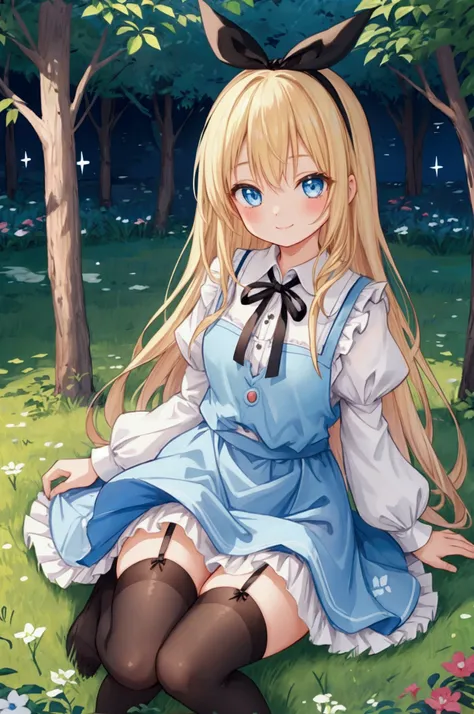 Girl、Blonde　Blue Eyes、Alice in Wonderland、smile、Black Ribbon、Striped Stockings