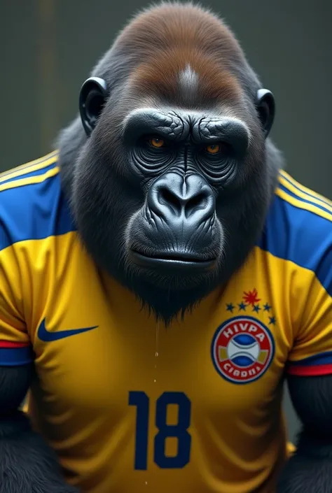 A gorilla crying with the Colombian national team shirt