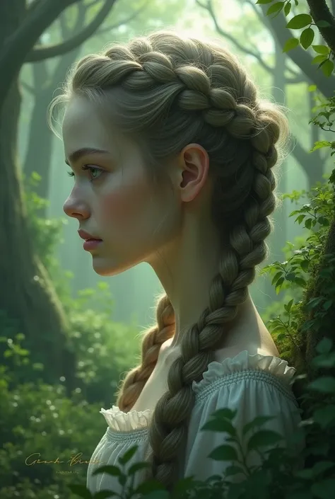 One with two braids, Its in a forest 