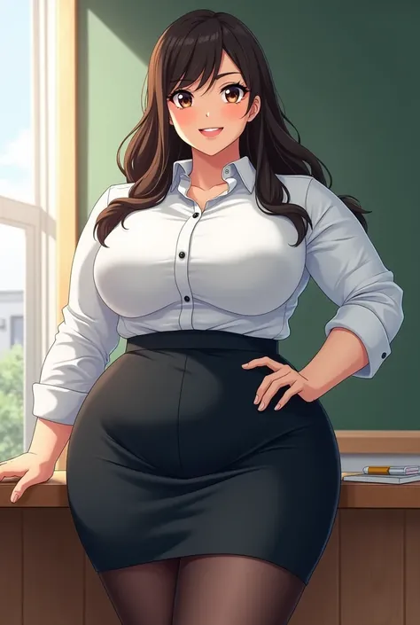 [Female teacher, Milf, high, large thighs</input></xml>, big chest, with a small belly, very voluptuous] [Impeccable and formal clothing, white formal shirt well buttoned and tucked, pantythis negras, a short pencil skirt] [The oldest and strictest 30-year...