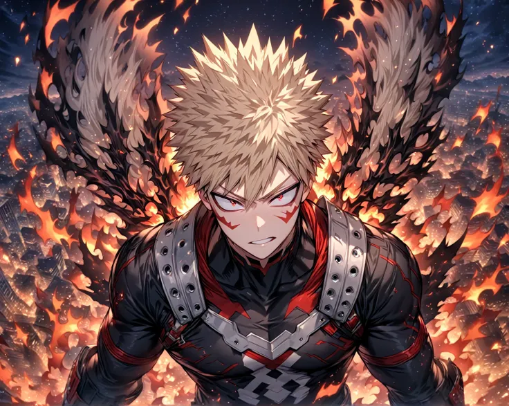 absurdres, highres, ultra detailed, HDR, master piece, Bakugo Katsuki, ash blonde hair, expressive red eyes, black hero clothes, black gloves, Boku No Hero Academia, sexy man, solo, best quality, adult face, fantasy, magical, sensual, glittering, accessori...