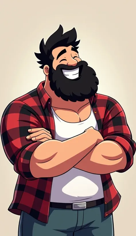 A muscular man with short, fluffy black hair and a beard, wearing a white tank top and plaid shirt, laughing in a perfect pose, (best quality,4k,8k,highres,masterpiece:1.2),ultra-detailed,(realistic,photorealistic,photo-realistic:1.37),steven universe illu...