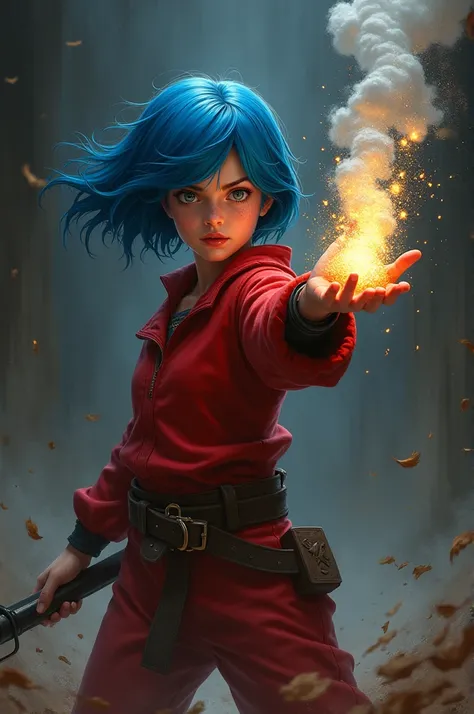 Girl in red clothes and blue hair with gunpowder in her hand 